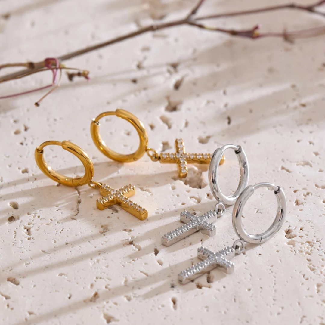 Cross Drop Hoop Earrings
