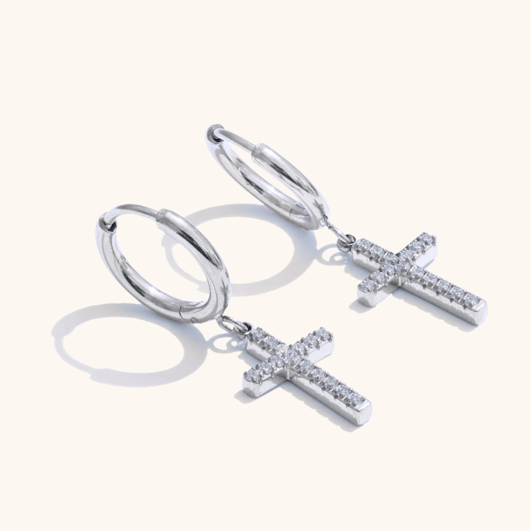 Cross Drop Hoop Earrings